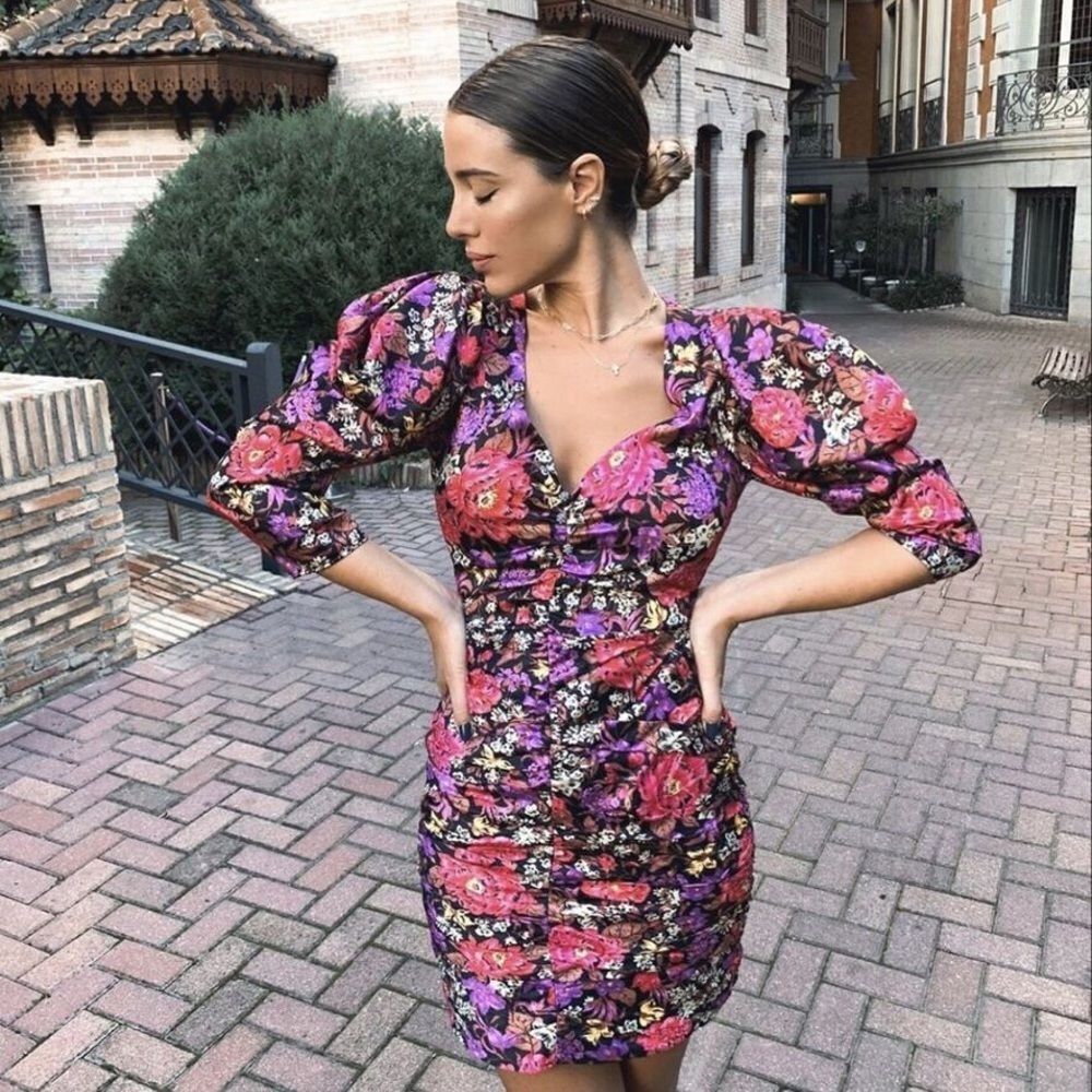 Zara Floral Puff Sleeve Ruched Dress